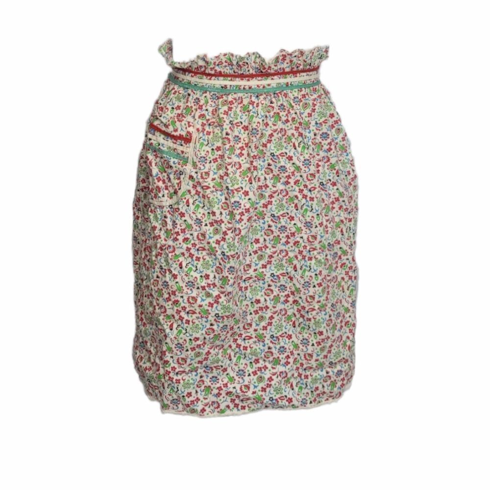 VINTAGE 60s floral print tie waist half apron with pocket and ruffle OS